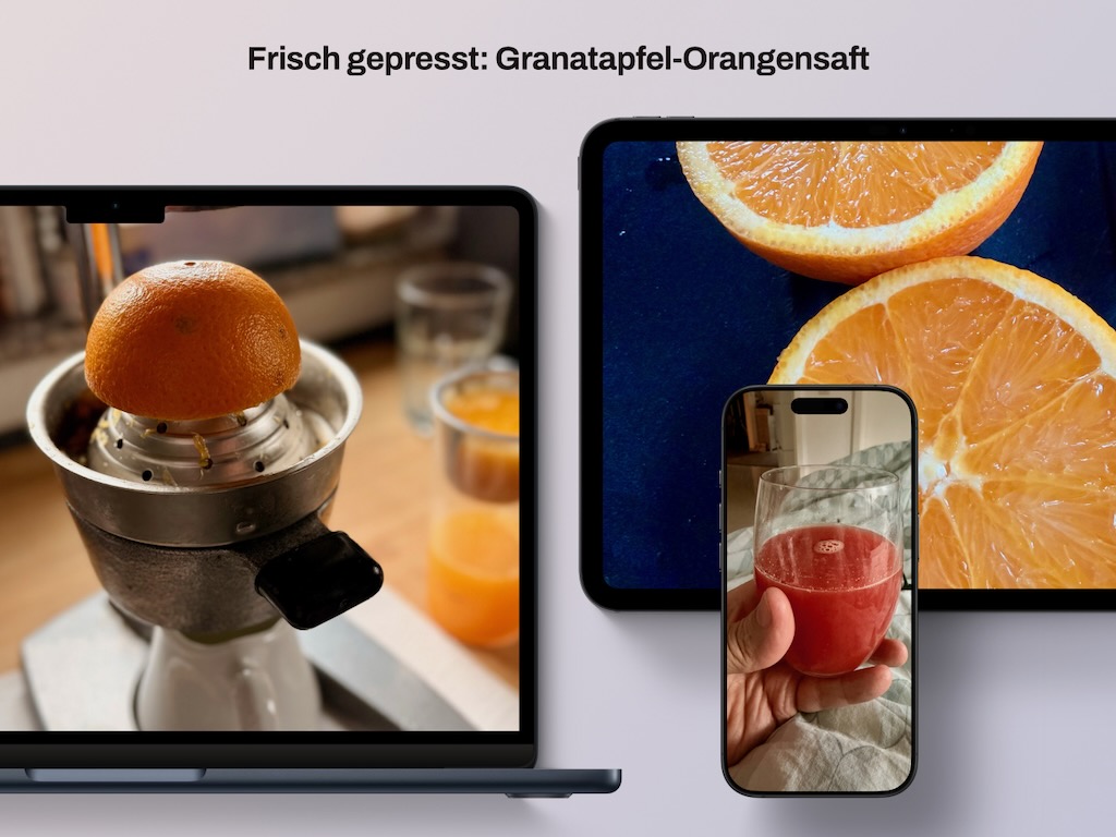 Frisch gepresst, Granatapfel-Orangensaft, einfach köstlich.